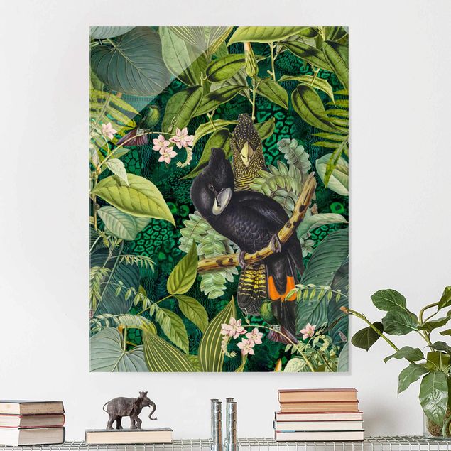 Glas Magnetboard Bunte Collage - Kakadus im Dschungel
