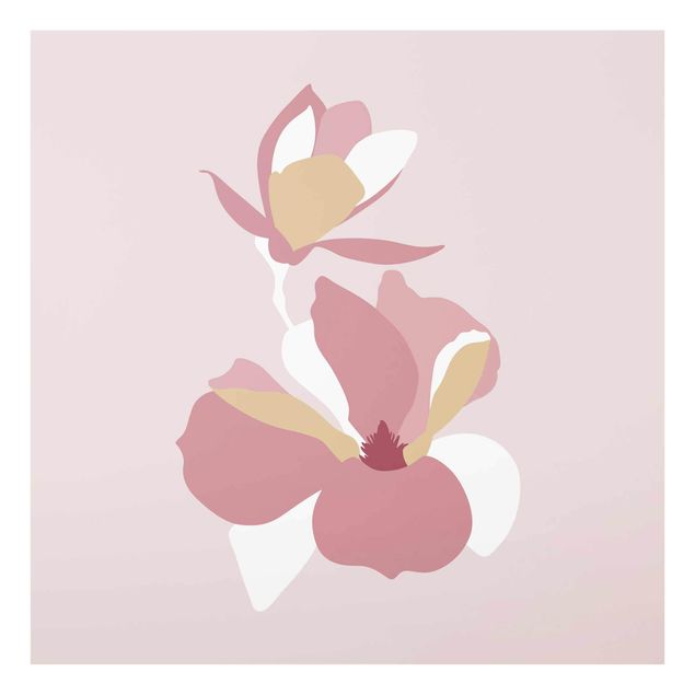 Glasbild - Line Art Blüten Pastell Rosa - Quadrat 1:1
