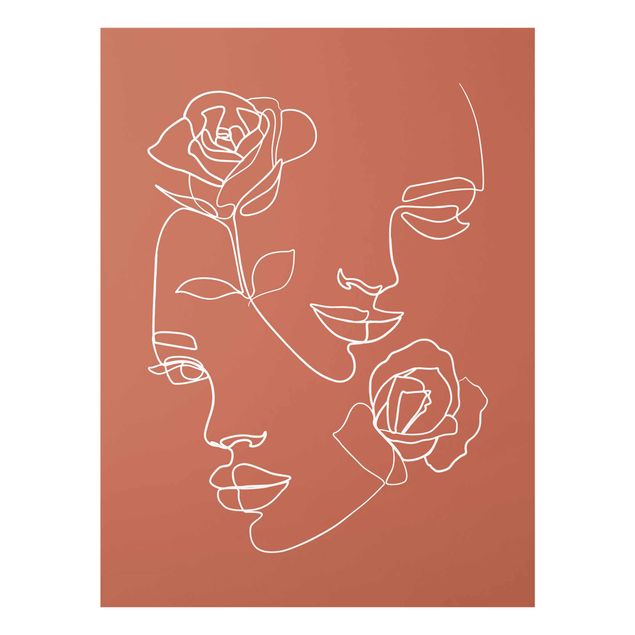 Glasbild - Line Art Gesichter Frauen Rosen Kupfer - Hochformat 4:3