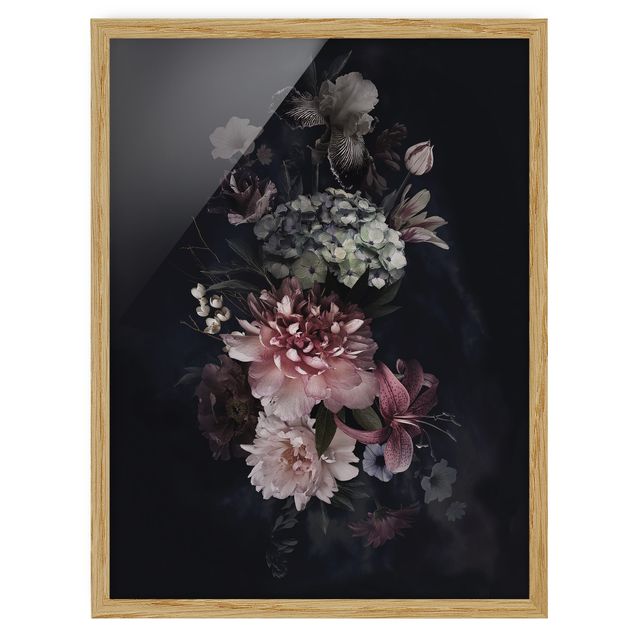 Bild mit Rahmen - Blumen mit Nebel auf Schwarz - Hochformat 4:3