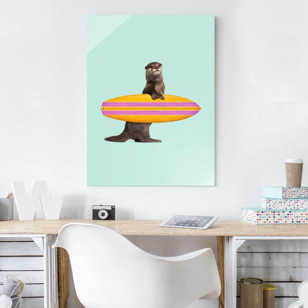 Glas Magnettafel Otter mit Surfbrett