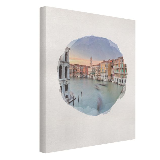 Leinwandbild - Wasserfarben - Canale Grande Blick von der Rialtobrücke Venedig - Hochformat 4:3