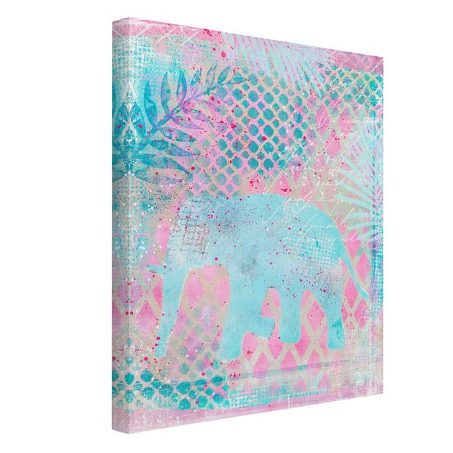 Leinwandbild - Bunte Collage - Elefant in Blau und Rosa - Hochformat 4:3