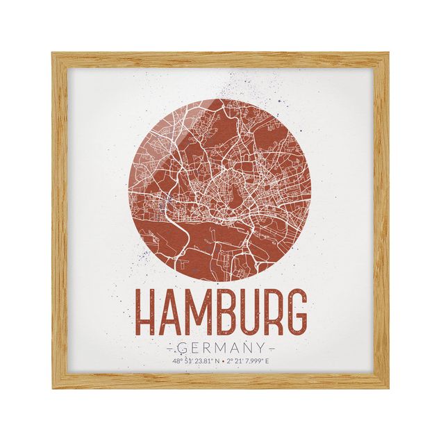 Bild mit Rahmen - Stadtplan Hamburg - Retro - Quadrat 1:1