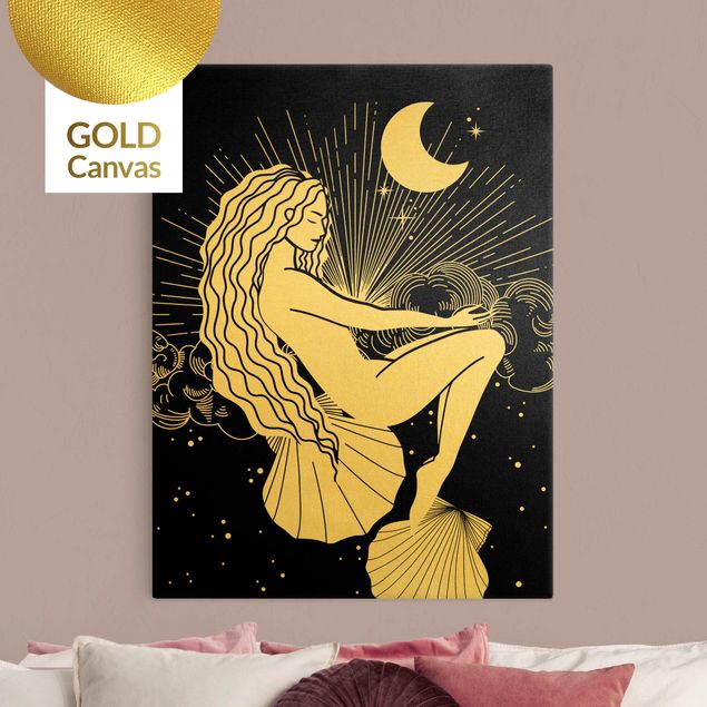 Leinwandbild Gold - Illustration Meeresträumerin bei Nacht - Hochformat 4:3