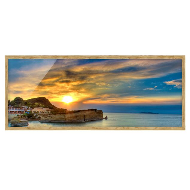 Bild mit Rahmen - Sonnenuntergang über Korfu - Panorama Querformat