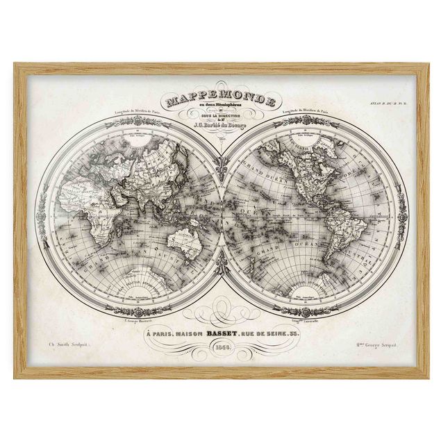 Bild mit Rahmen - Weltkarte - Französische Karte der Hemissphären von 1848 - Querformat 3:4