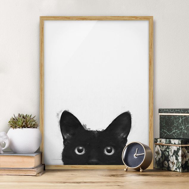 Bild mit Rahmen - Illustration Schwarze Katze auf Weiß Malerei - Hochformat 4:3