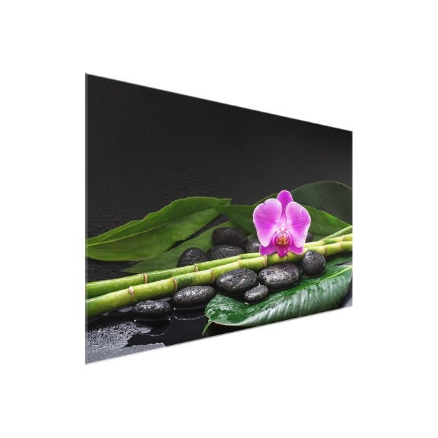 Glasbild - Grüner Bambus mit Orchideenblüte - Querformat 2:3