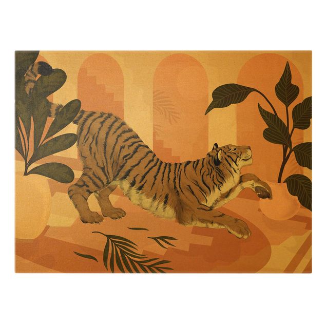 Leinwandbild Gold - Laura Graves - Illustration Tiger in Pastell Rosa Malerei - Querformat 3:4