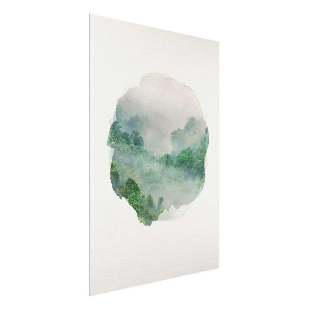 Glasbild - Wasserfarben - Dschungel im Nebel - Hochformat 4:3