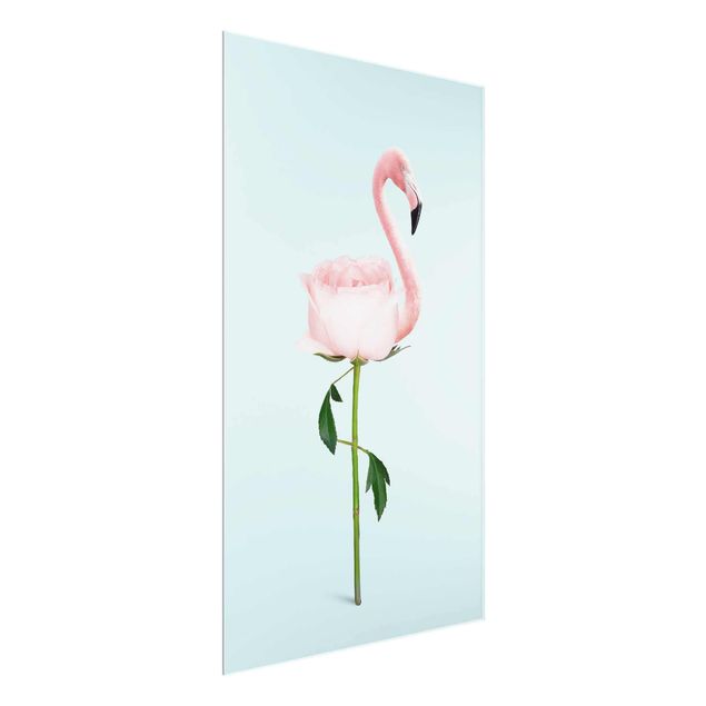 Glasbild - Jonas Loose - Flamingo mit Rose - Hochformat 3:2