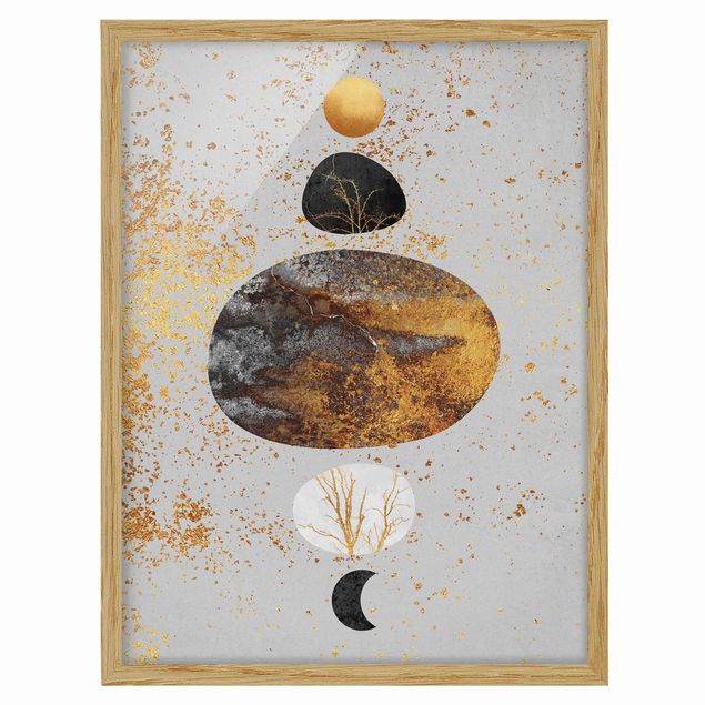 Bild mit Rahmen - Sonne und Mond in Goldglanz - Hochformat 4:3