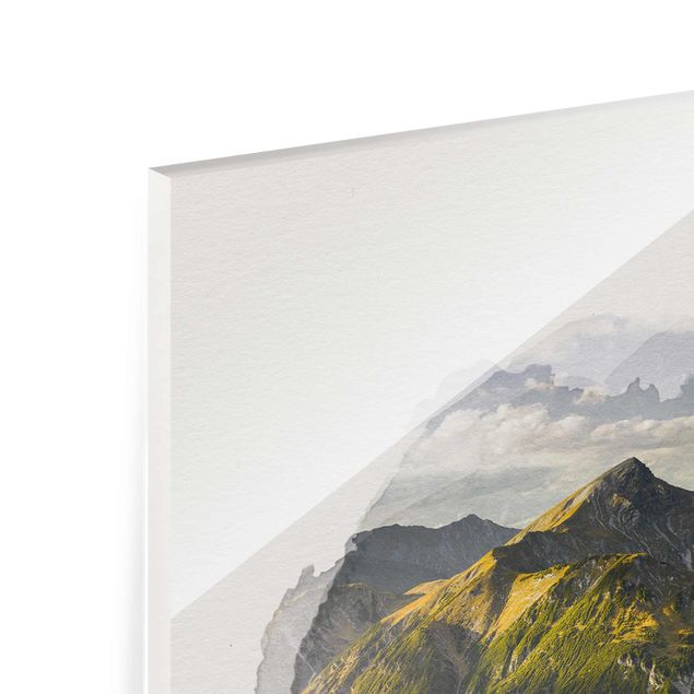 Glasbild - Wasserfarben - Berge und Tal der Lechtaler Alpen in Tirol - Hochformat 4:3