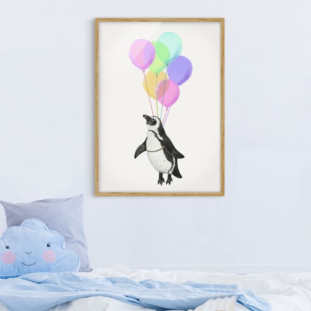 Bild mit Rahmen - Illustration Pinguin Pastell Luftballons - Hochformat 4:3