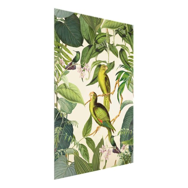 Glasbild - Vintage Collage - Papageien im Dschungel - Hochformat 4:3