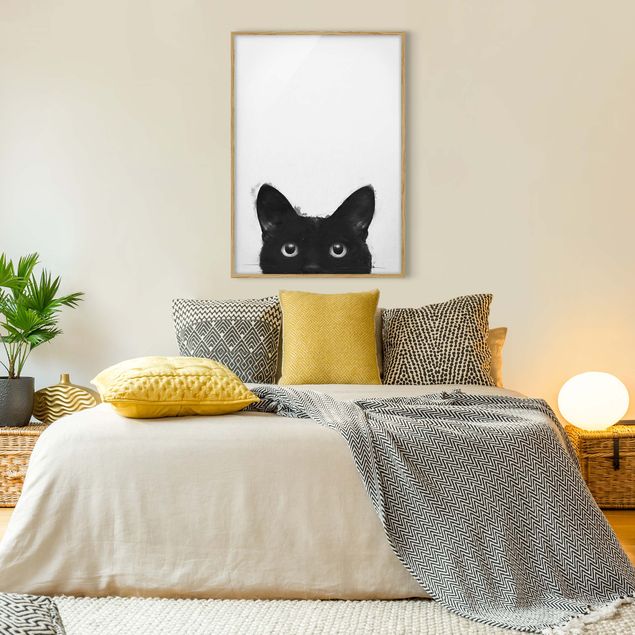 Bild mit Rahmen - Illustration Schwarze Katze auf Weiß Malerei - Hochformat 4:3