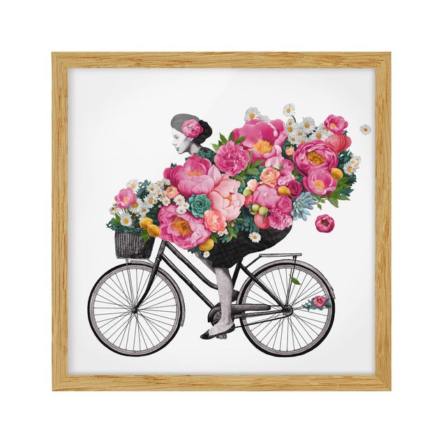 Bild mit Rahmen - Illustration Frau auf Fahrrad Collage bunte Blumen - Quadrat 1:1