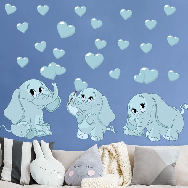 Wandtattoo Tiere Drei blaue Elefantenbabies mit Herzen