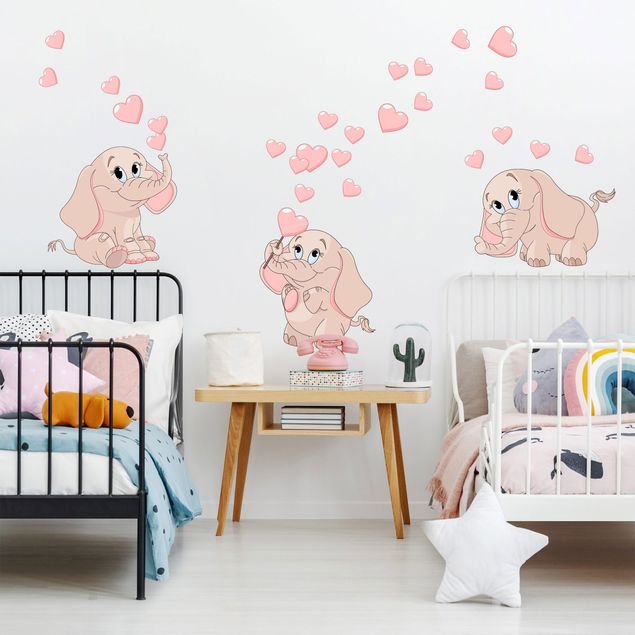 Wandtattoo Love Drei rosa Elefantenbabies mit Herzen