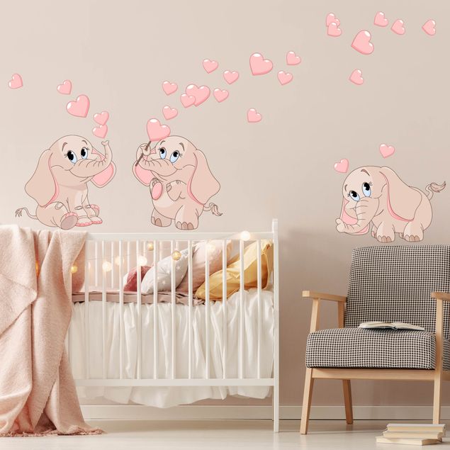 Wandsticker Herzen Drei rosa Elefantenbabies mit Herzen