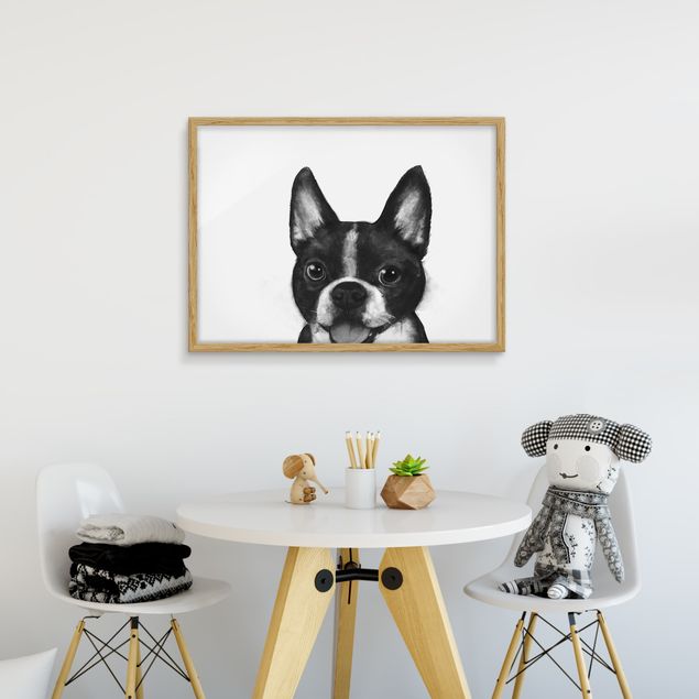 Bild mit Rahmen - Illustration Hund Boston Schwarz Weiß Malerei - Querformat 3:4