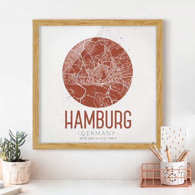 Bild mit Rahmen - Stadtplan Hamburg - Retro - Quadrat 1:1