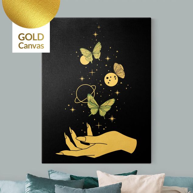 Leinwandbild Gold - Zaubernde Hand - Schmetterlinge und Planeten - Hochformat 4:3