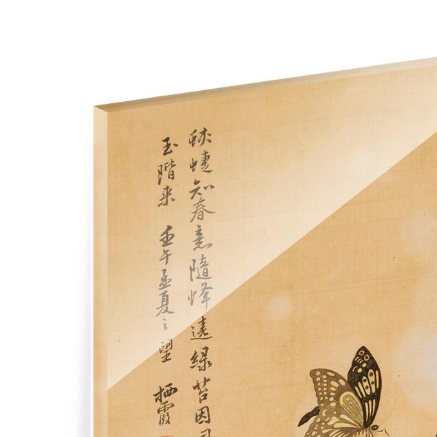Glasbild - Yuanyu Ma - Mohnblumen und Schmetterlinge - Hochformat 4:3