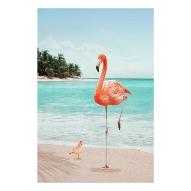 Glasbild - Jonas Loose - Strand mit Flamingo - Hochformat 3:2