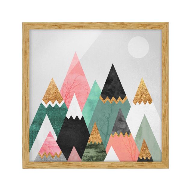 Bild mit Rahmen - Dreieckige Berge mit Goldspitzen - Quadrat 1:1