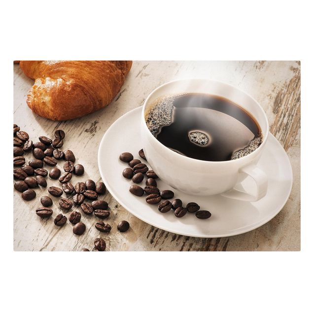 Leinwandbild - Dampfende Kaffeetasse mit Kaffeebohnen - Quer 3:2