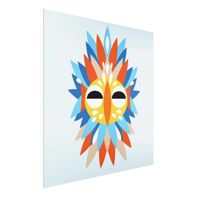 Glasbild - Collage Ethno Maske - Papagei - Quadrat 1:1
