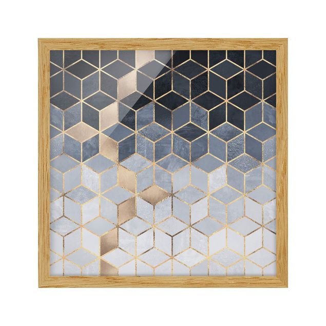 Bild mit Rahmen - Blau Weiß goldene Geometrie - Quadrat 1:1
