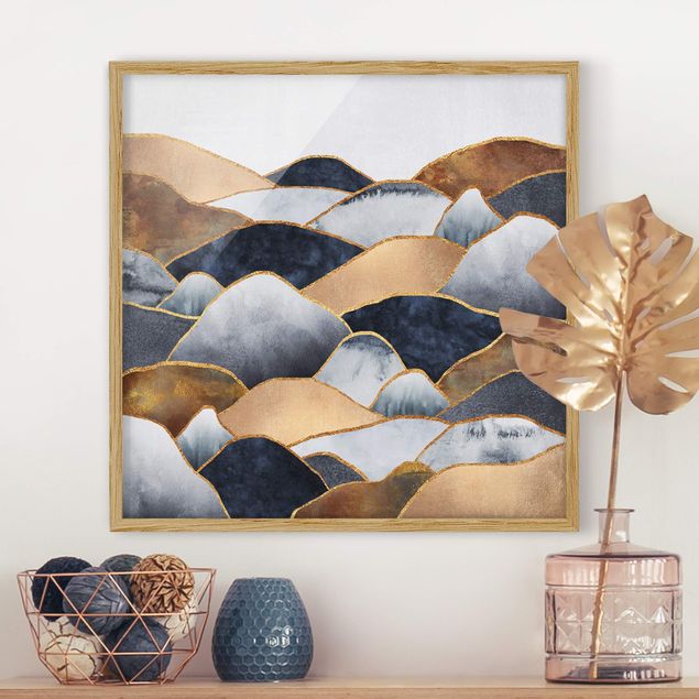 Bild mit Rahmen - Goldene Berge Aquarell - Quadrat 1:1