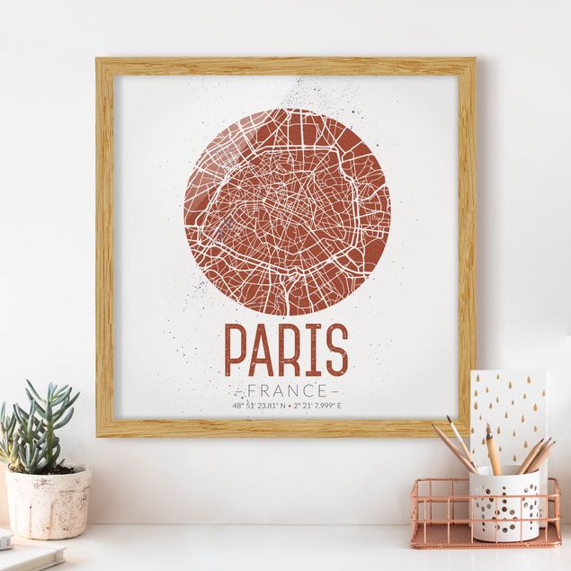 Bild mit Rahmen - Stadtplan Paris - Retro - Quadrat 1:1