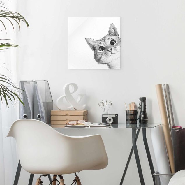 Glas Magnettafel Illustration Katze Zeichnung Schwarz Weiß