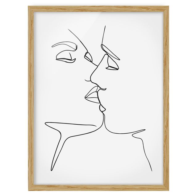 Bild mit Rahmen - Line Art Kuss Gesichter Schwarz Weiß - Hochformat 4:3