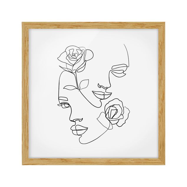 Bild mit Rahmen - Line Art Gesichter Frauen Rosen Schwarz Weiß - Quadrat 1:1