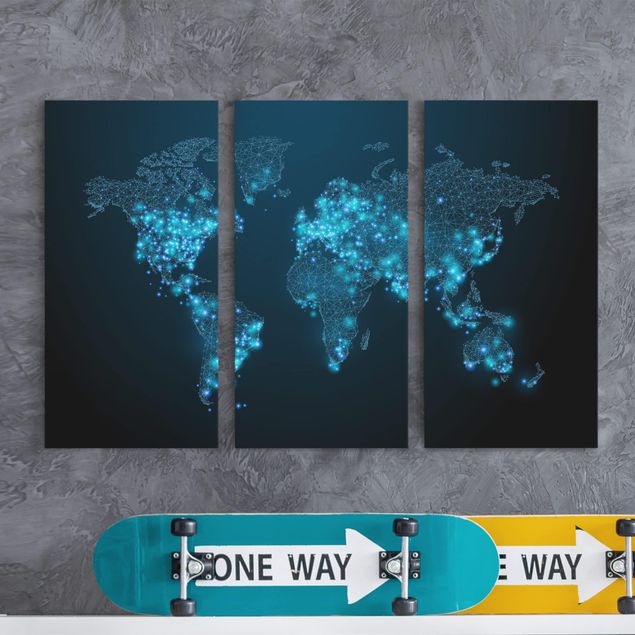 Leinwandbild 3-teilig - Connected World Weltkarte - Hoch 1:2
