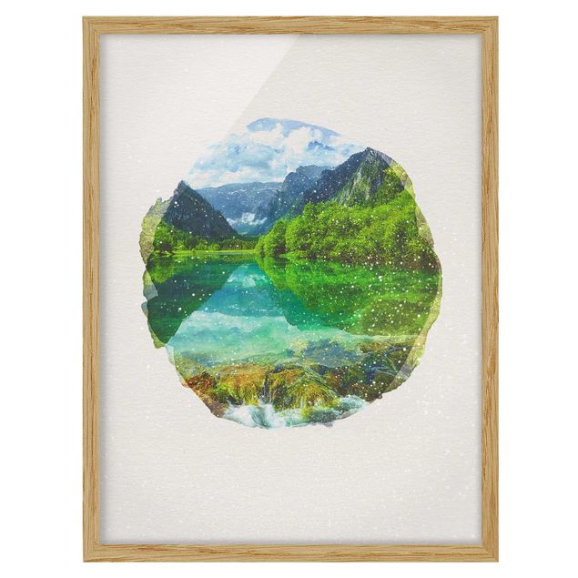 Bild mit Rahmen - Wasserfarben - Bergsee mit Spiegelung - Hochformat 4:3