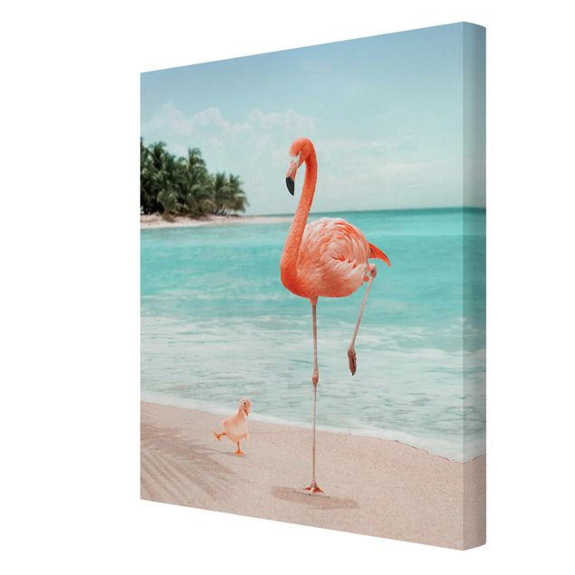 Leinwandbild - Jonas Loose - Strand mit Flamingo - Hochformat 4:3
