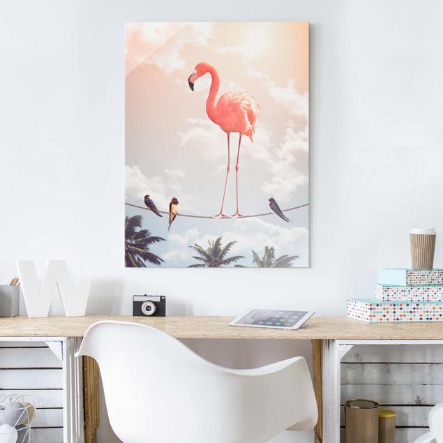 Glas Magnetboard Himmel mit Flamingo