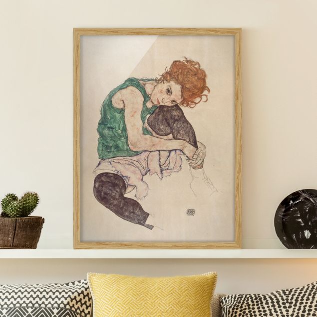 Bild mit Rahmen - Egon Schiele - Sitzende Frau mit hochgezogenem Knie - Hochformat 4:3