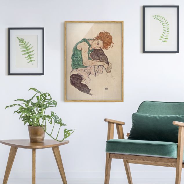 Bild mit Rahmen - Egon Schiele - Sitzende Frau mit hochgezogenem Knie - Hochformat 4:3