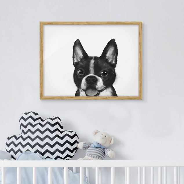 Bild mit Rahmen - Illustration Hund Boston Schwarz Weiß Malerei - Querformat 3:4