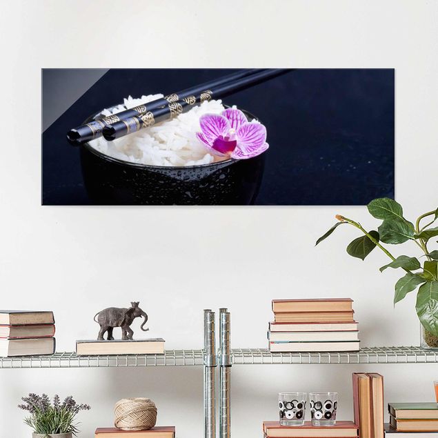 Glasbild - Reisschale mit Orchidee - Panorama