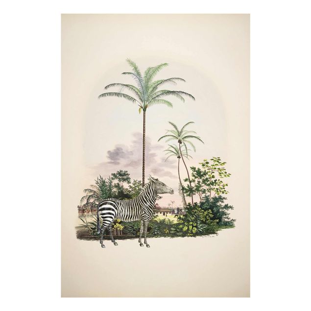 Glasbild - Zebra vor Palmen Illustration - Hochformat 3:2
