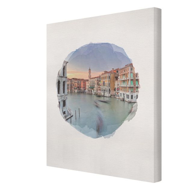 Leinwandbild - Wasserfarben - Canale Grande Blick von der Rialtobrücke Venedig - Hochformat 4:3