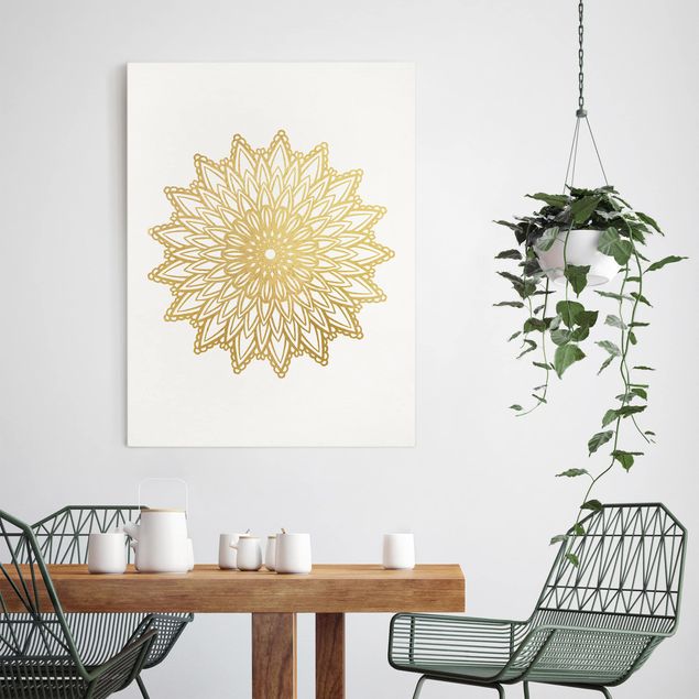 Leinwandbild - Mandala Sonne Illustration weiß gold - Hochformat 4:3